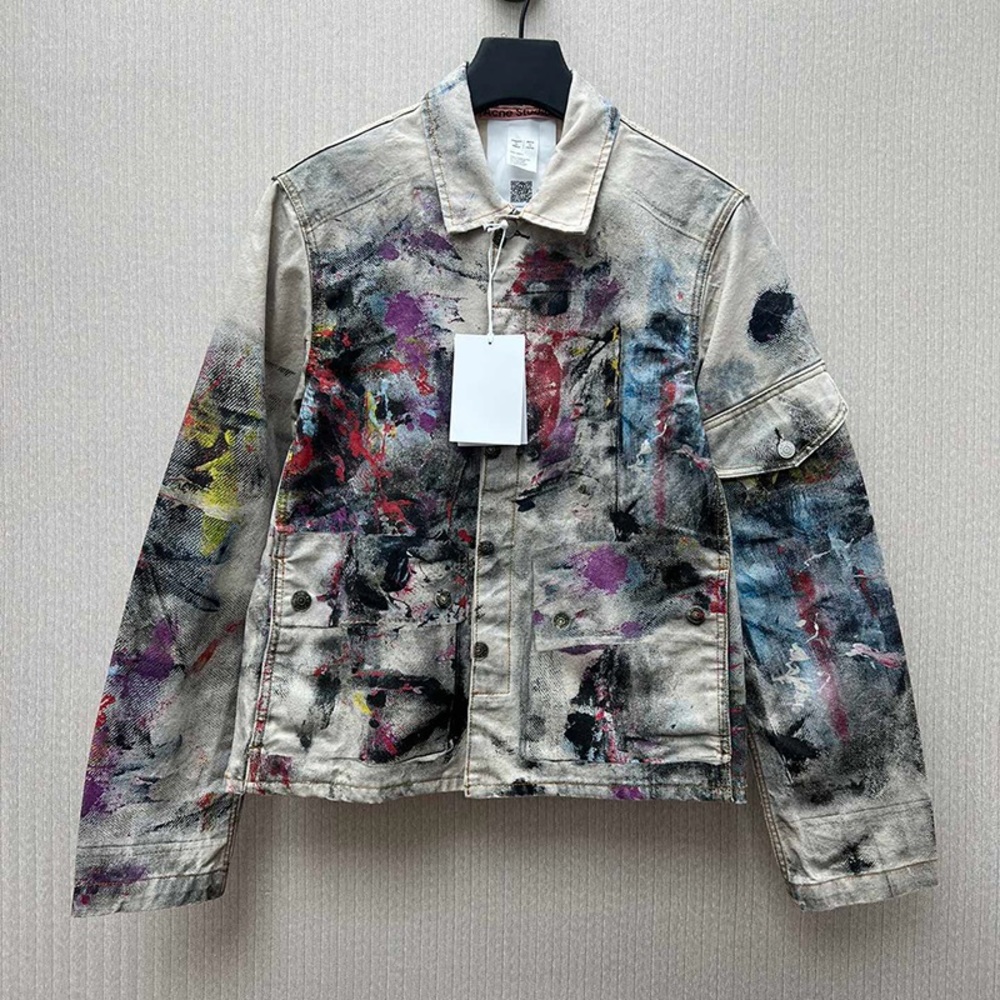 Acne Studios Distressed Denim Jacket With Paint Splatter And Graffiti Details